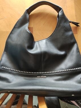 Max Studio Black Pebbled Leather Stud-Trim Hobo